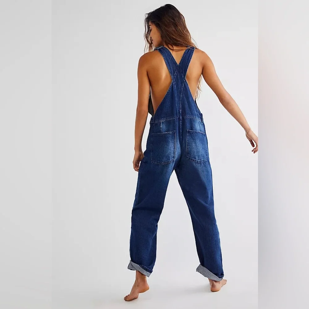 Free People Dark Blue Denim Overalls